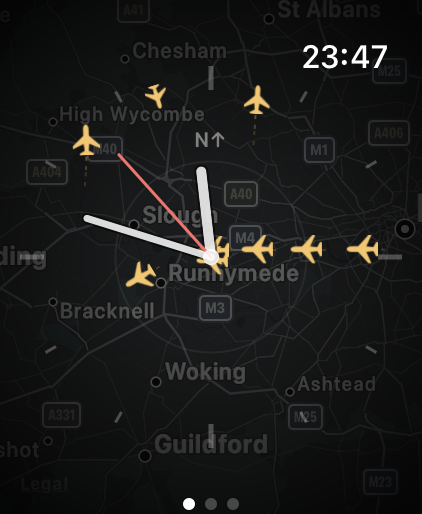 FlightDial showing live aircraft over a map on an Apple Watch dial