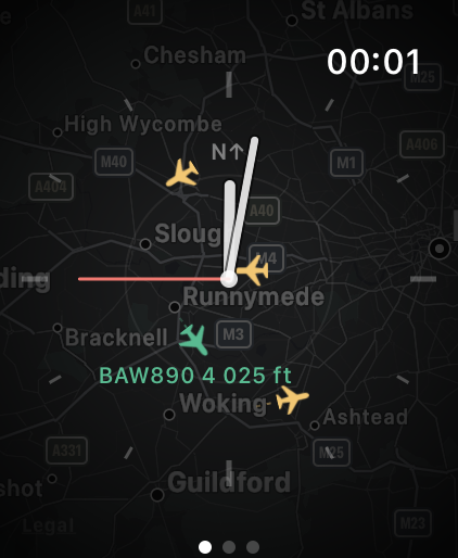 A pinned aircraft showing its callsign and altitude