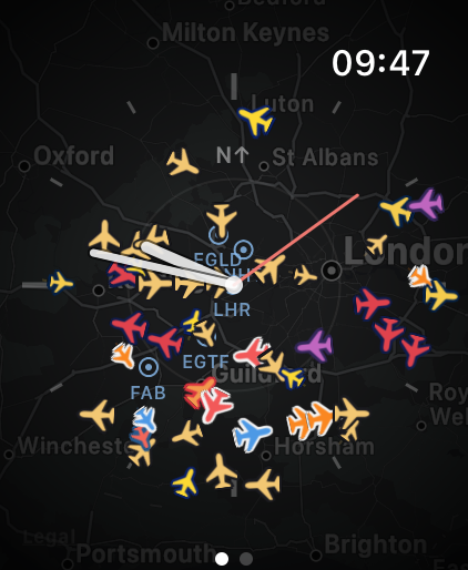 FlightDial on an Apple Watch, showing live aircraft in airline colours over London